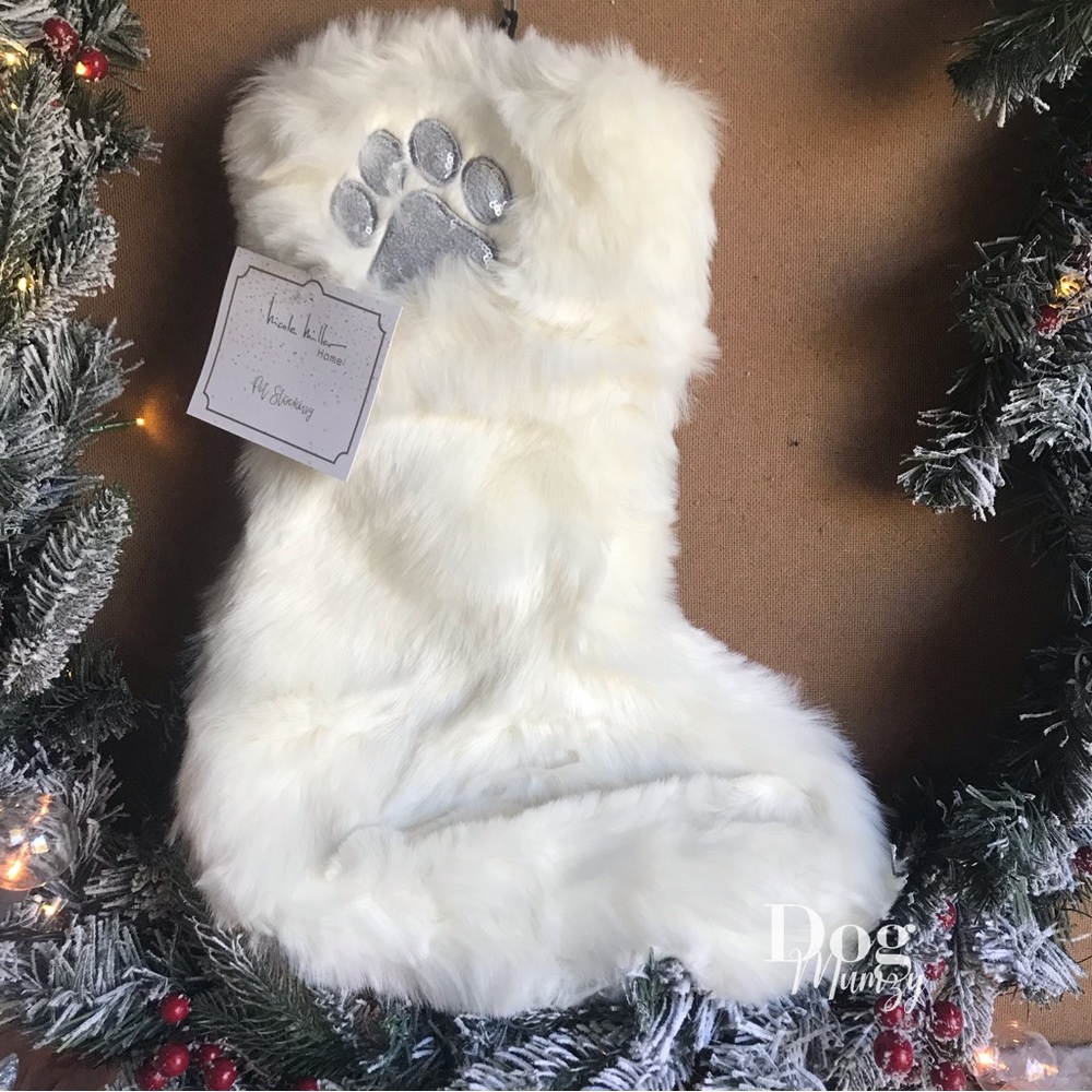 Nicole Miller Faux Fur Silver Sequin Dog Paw Pet Stocking